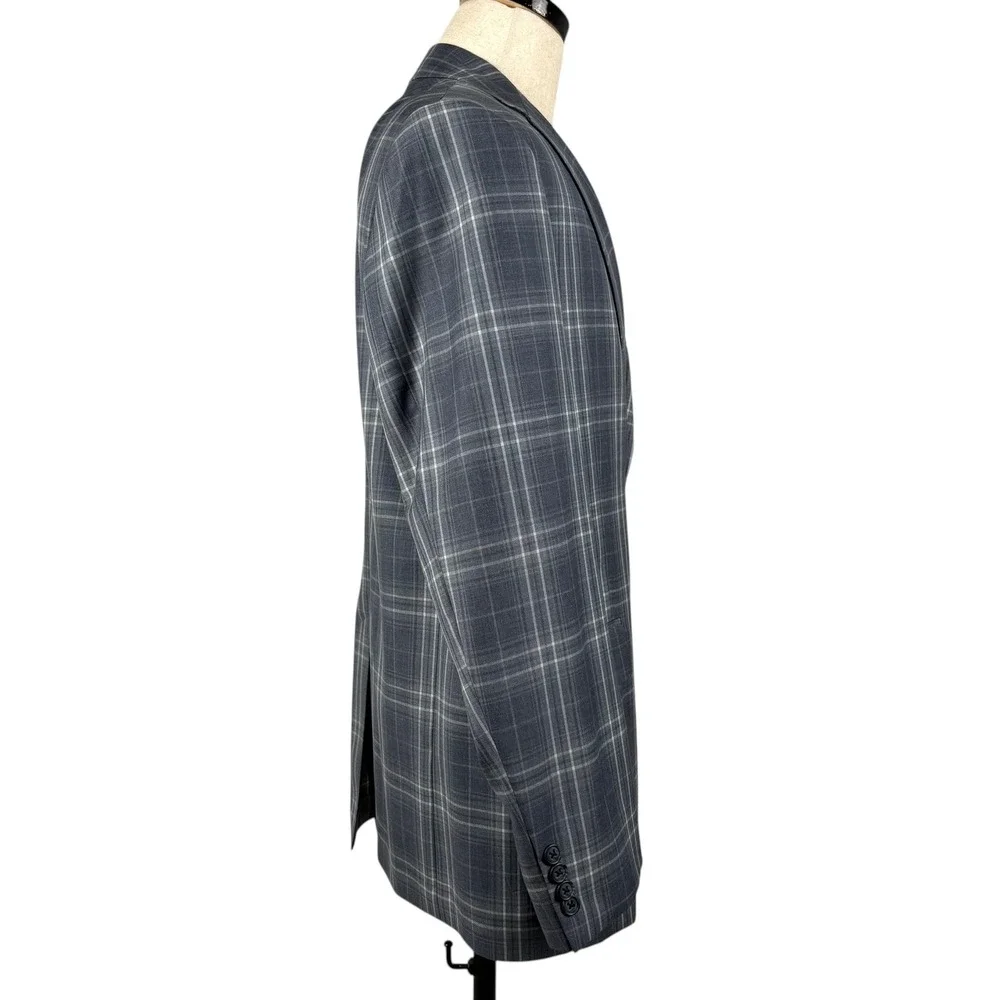 Joseph Abboud Loro Piana Super 110s Blazer Mens 40R Blue Gray Plaid‎ Wool USA